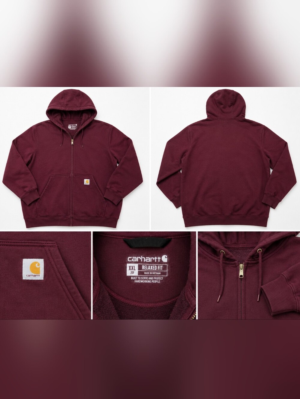 Carhartt Burgundy Relaxed Fit Zip Hoodie XXL | Heavyweight Workwear Sweatshirt |